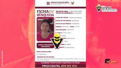 Desaparece menor de 16 años en Huejutla