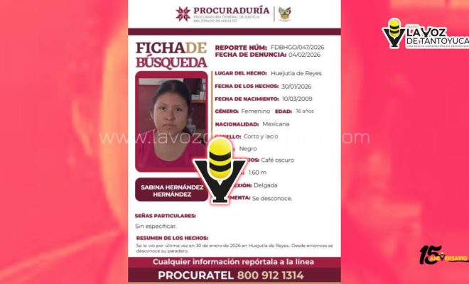 Desaparece menor de 16 años en Huejutla