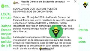 FGE emite comunicado; localizan con vida en Tantoyuca a policías desaparecidos 