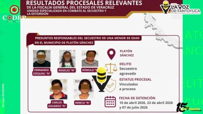 Vinculan a proceso a cinco personas por secuestro agravado de una menor en Platón Sánchez