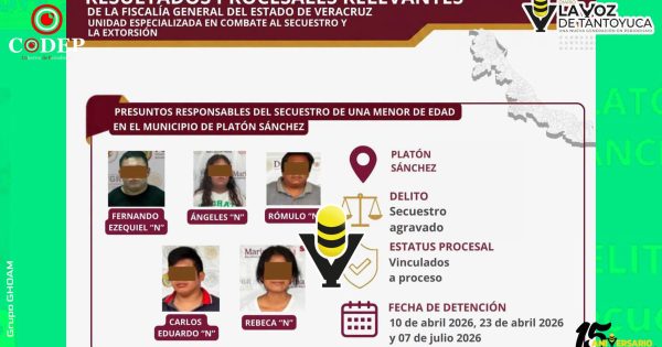 Vinculan a proceso a cinco personas por secuestro agravado de una menor en Platón Sánchez