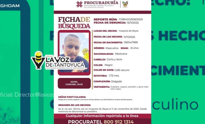 Desaparece joven en Huejutla; autoridades activan ficha de búsqueda