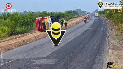 Vuelca camión de caja seca sobre la carretera Alazán-Canoas