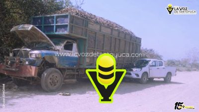 Choque entre camión cañero y camioneta deja un lesionado en camino vecinal, en Pánuco