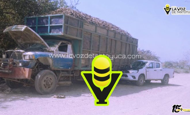 Choque entre camión cañero y camioneta deja un lesionado en camino vecinal, en Pánuco