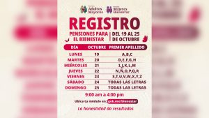 Del 19 al 25 de octubre se realiza el registro a las Pensiones para Adultos Mayores y Mujeres Bienestar: Leticia Ramírez