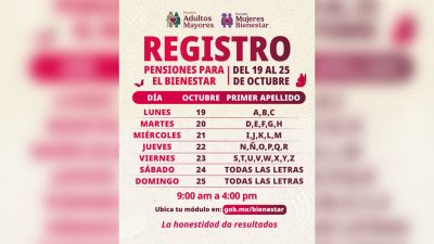 Del 19 al 25 de octubre se realiza el registro a las Pensiones para Adultos Mayores y Mujeres Bienestar: Leticia Ramírez
