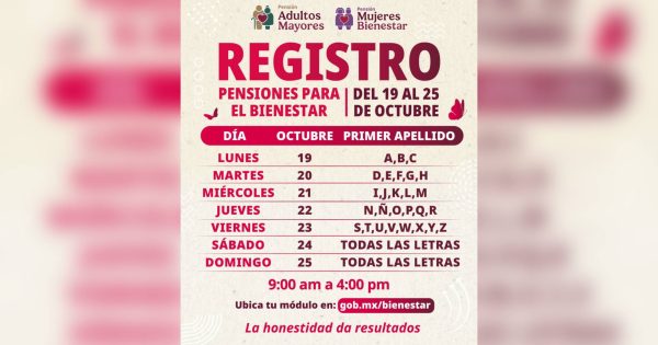 Del 19 al 25 de octubre se realiza el registro a las Pensiones para Adultos Mayores y Mujeres Bienestar: Leticia Ramírez