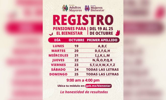 Del 19 al 25 de octubre se realiza el registro a las Pensiones para Adultos Mayores y Mujeres Bienestar: Leticia Ramírez