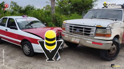 Choque entre taxi y pipa de agua deja solo daños materiales en Tantoyuca